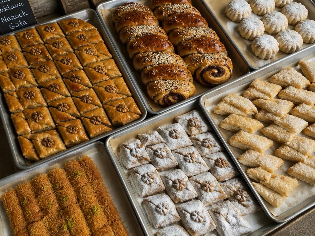 Trays of baklava, choreg, nazook and khadaif on the bakery table