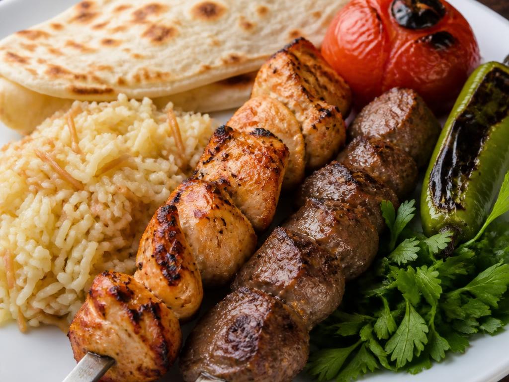 Beef and chicken kebob skewers with rice pilaf and flatbread