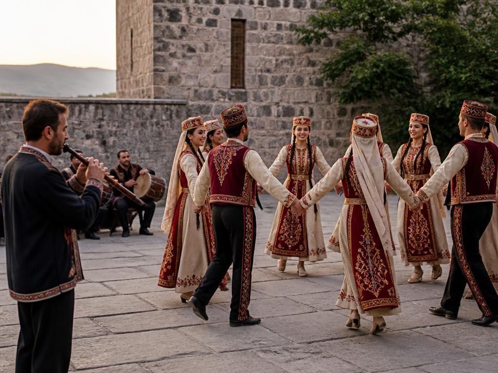 Armenian dancers in traditional costume dancing in a circle