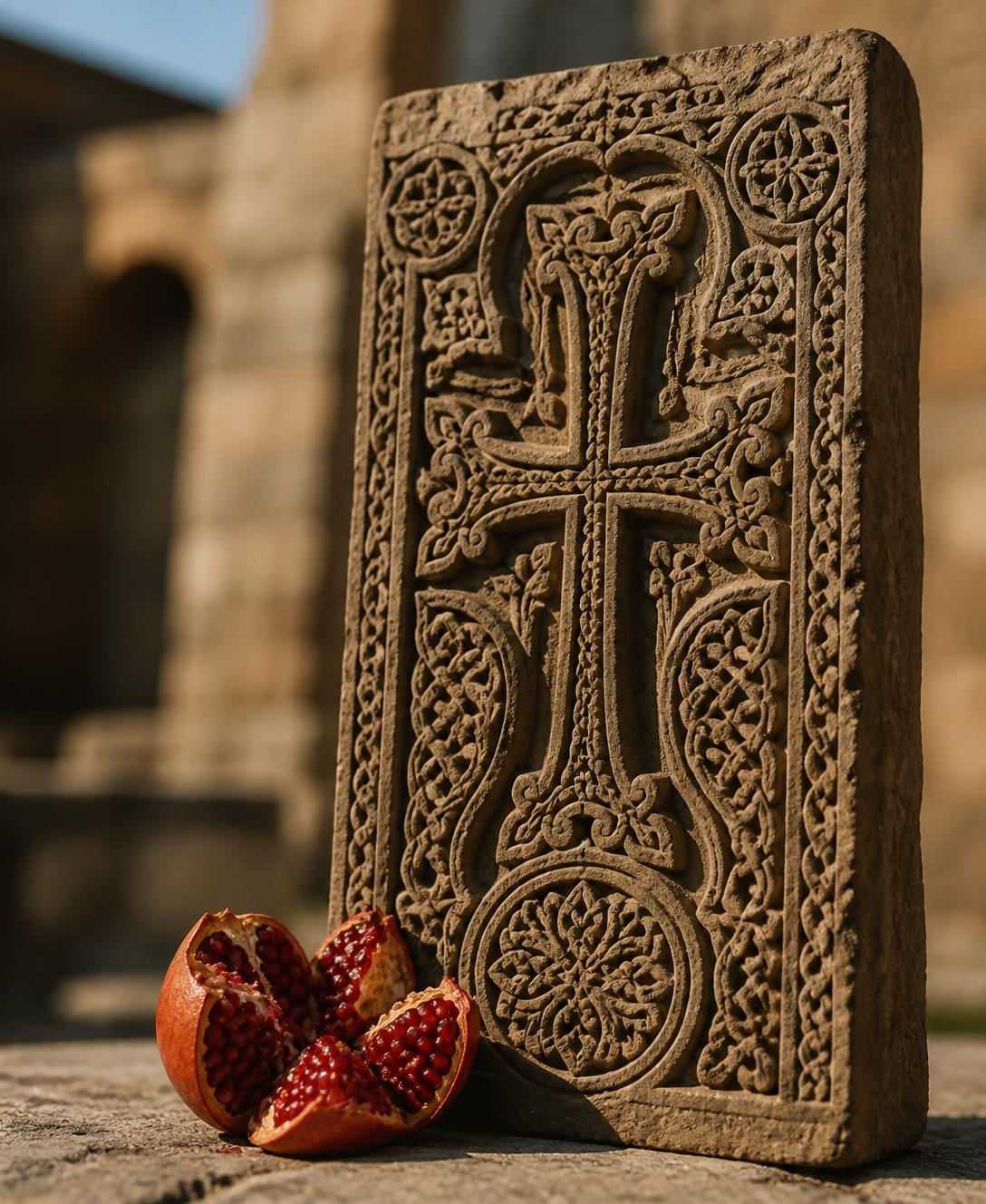 A carved Armenian khachkar cross stone with a split pomegranate at its base